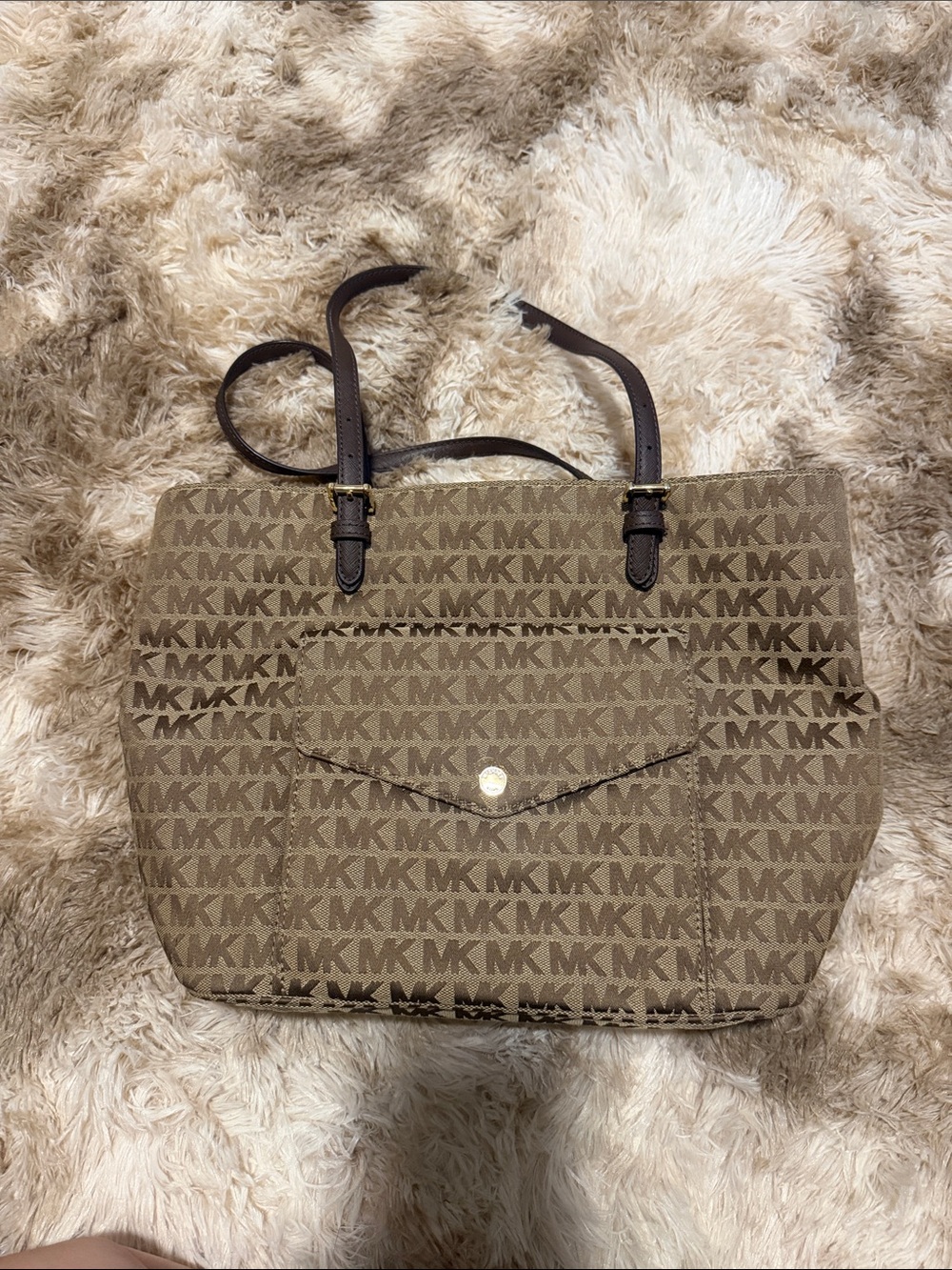 Michael Kors Brown Logo Jacquard Tote with Dark Brown Straps
